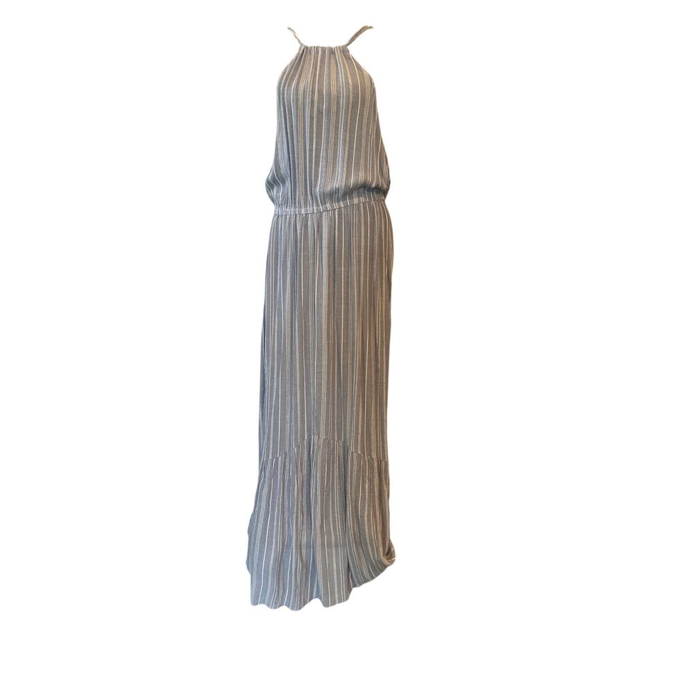 NWT Love Stitch Chambray Stripe Tunnel Halter Tiered Maxi Dress Womens Size L